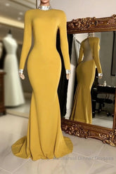 Winter Wedding Guest Dresses Long Sleeves High Neck Yellow Semi Formal Prom Dresses